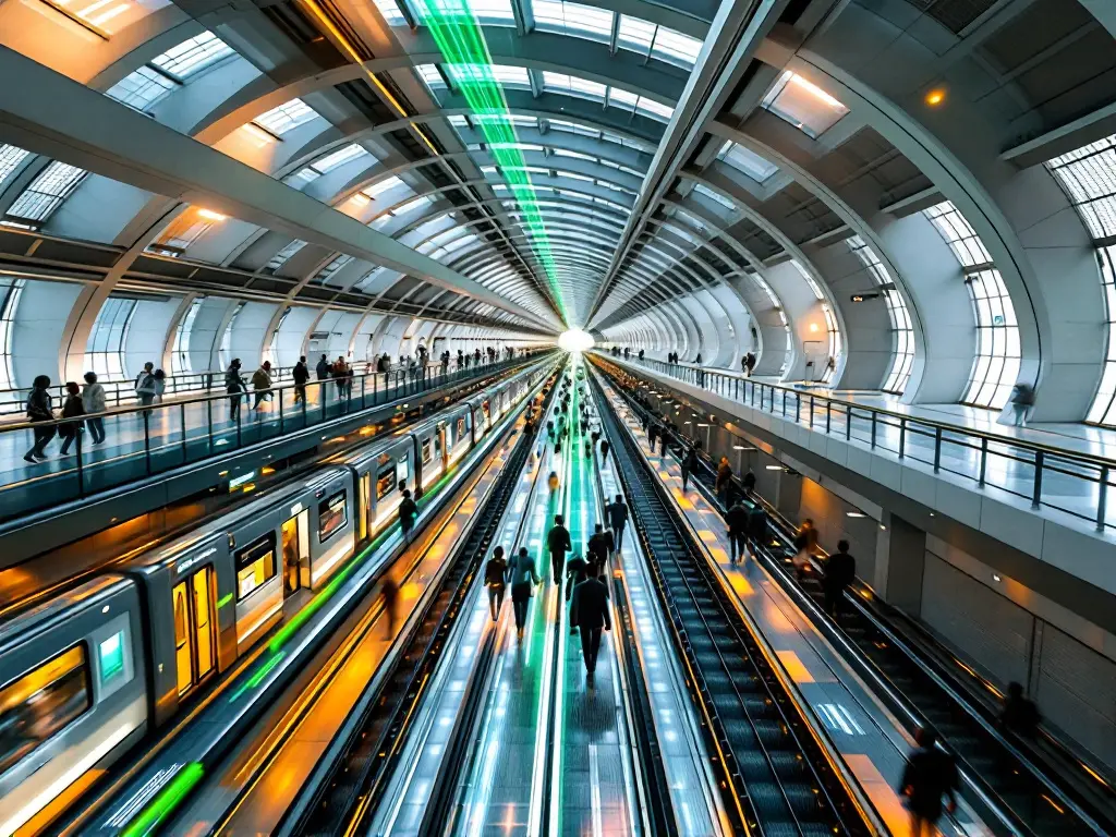 Ilustración generada por IA: estación de metro abovedada con trenes y viajeros, trazo verde en el techo