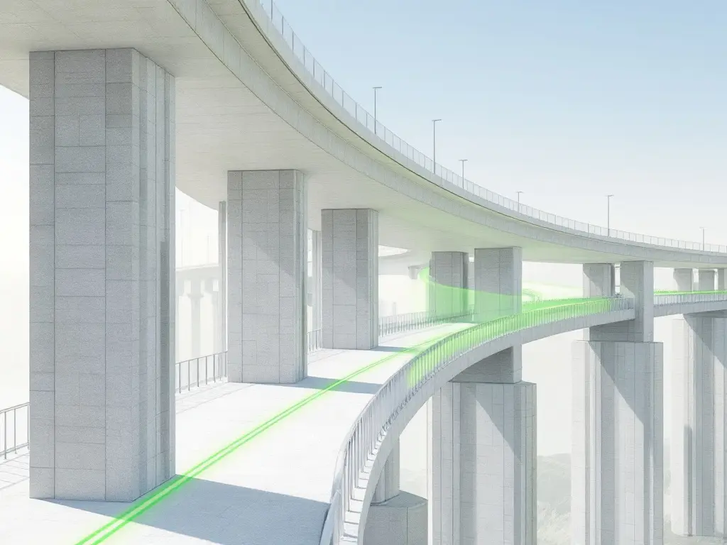 Ilustración generada por IA: viaducto curvo de hormigón, con una fibra óptica representada en verde a lo largo del tablero