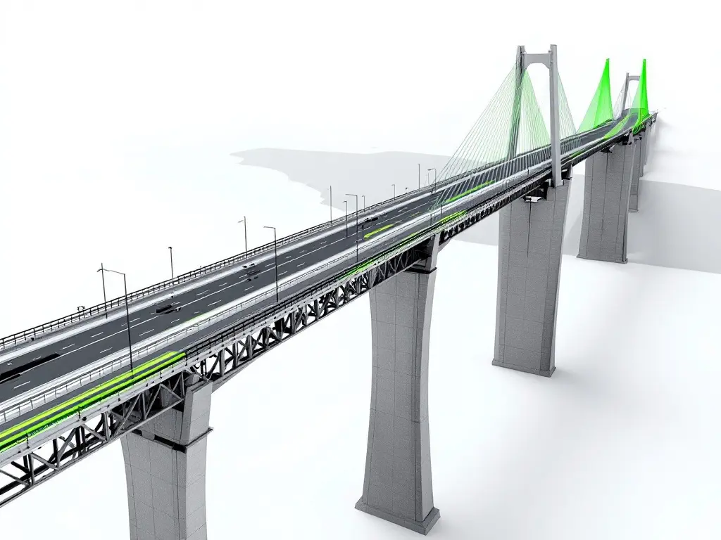 Ilustración generada por IA: puente atirantado de autopista, con los tirantes y el tablero resaltados en verde
