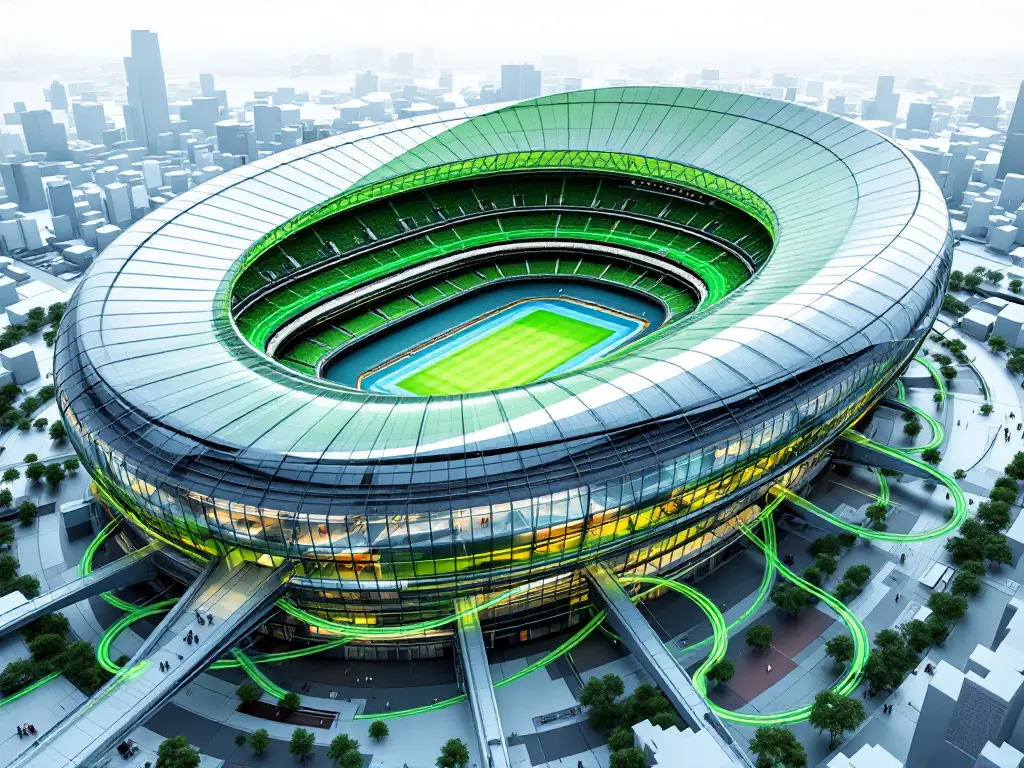 Ilustración generada por IA: estadio visto desde el aire, rodeado de una red de fibra óptica representada en verde