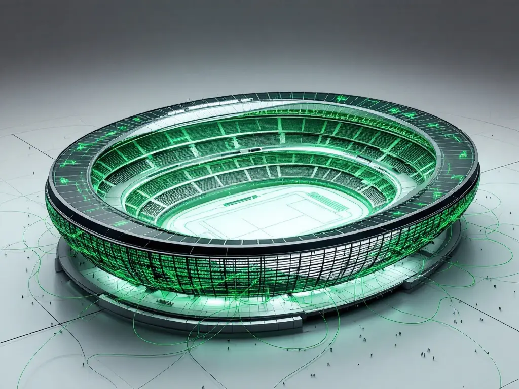 Ilustración generada por IA: modelo alámbrico de un estadio recorrido por líneas verdes, que evoca su gemelo digital