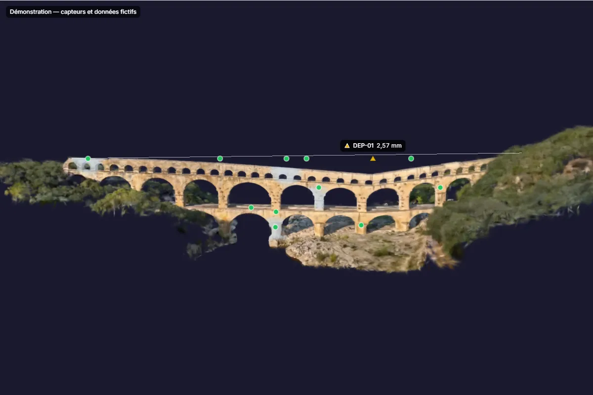 Captura del visor 3D de SensyTwin (interfaz en francés): el Pont du Gard de frente, con su deformada amplificada 5000 veces según el asentamiento medido por el sensor de desplazamiento ficticio DEP-01, bajo la línea del eje en reposo