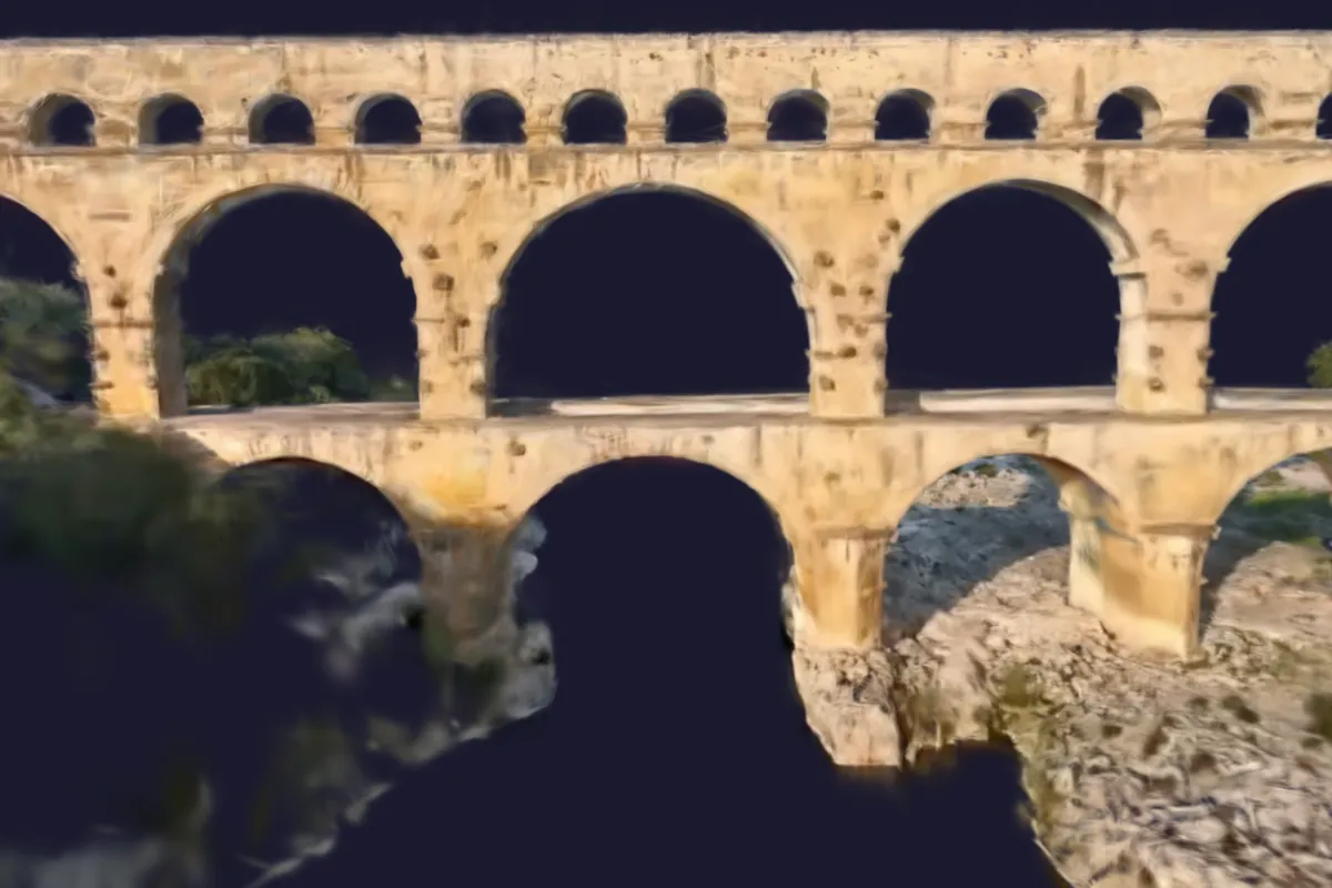 Captura del visor 3D de SensyTwin (interfaz en francés): primer plano de los arcos del Pont du Gard, renderizado con Gaussian splatting